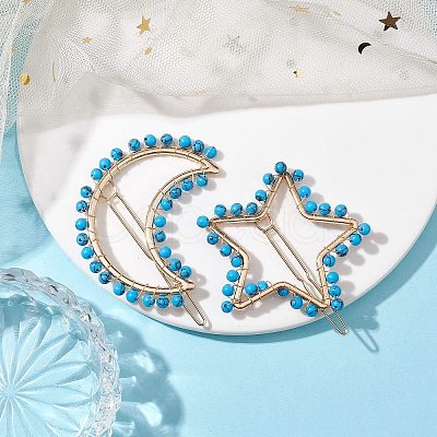 2Pcs Moon & Star Alloy with Synthetic Turquoise Hollow Hair Barrettes PHAR-JH00105-01-1