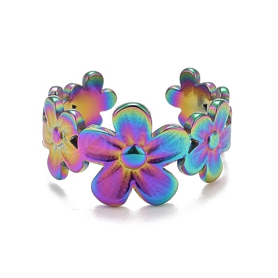 Rainbow Color Ion Plating(IP) 304 Stainless Steel Flower Wrap Open Cuff Ring for Women RJEW-A005-19-1