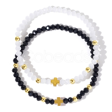 Simple Fashion Cross Brass & Faceted Glass Beaded Bracelet Sets for Couples JR2444-1