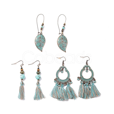 3 Pairs 3 Style Flat Round & Leaf Alloy Enamel Dangle Earrings with Synthetic Turquoise EJEW-P200-06AB-1