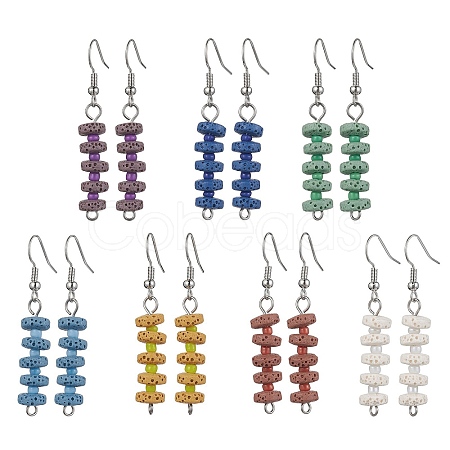 7 Pairs 7 Colors Natural Dyed Lava Rock Disc Beaded Dangle Earrings EJEW-JE05618-1