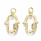 Brass Micro Pave Clear Cubic Zirconia Pendants, with Jump Rings, Hamsa Hand/Hand of Fatima/Hand of Miriam, Nickel Free, Real 18K Gold Plated, 20x13x4mm, Jump Rings: 5x1mm, Inner Diameter: 3mm