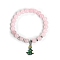 Christmas Theme Natural Rose Quartz Stretch Bracelets, Alloy Enamel Christmas Tree Charm Bracelets for Women, 6-3/4 inch(17cm), 8mm