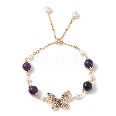 Adjustable Round Natural Amethyst & Natural Pearl Slider Bracelets BJEW-C068-07G-1