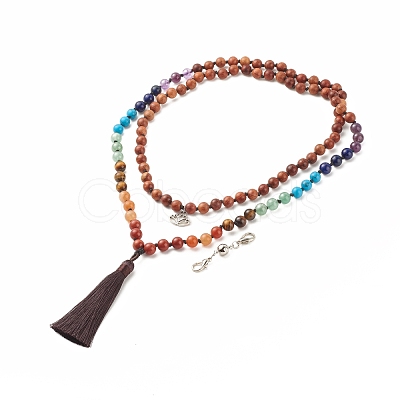 Round Wood & Mixed Gemstone Beaded Double Layer Necklace with Brass Magnetic Claslp NJEW-JN03857-1