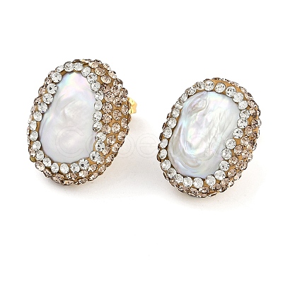 Rack Plating Oval Brass With Rhinestone & Natural Pearl Handmade Indonesia Stud Earrings EJEW-U010-04B-G-1