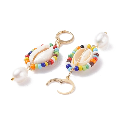 Natural Shell and Pearl Wrapped Dangle Hoop Earrings EJEW-TA00049-1