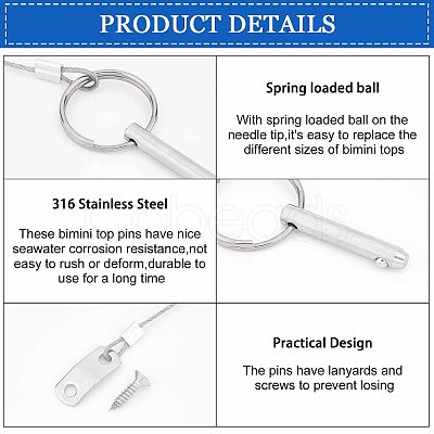 316 Stainless Steel Boat Pins w/Drop Cam & Spring 1/4" x 1" Grip Lanyard Prevents Loss STAS-WH0025-09-1