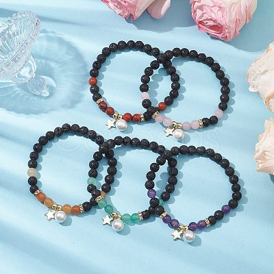 6mm Round Natural Lava Rock & Gemstone Beaded Stretch Bracelets BJEW-JB10846-1