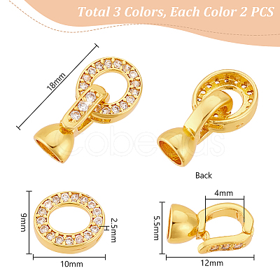 PandaHall Elite 6Pcs 3 Colors Brass Micro Pave Clear Cubic Zirconia Fold Over Clasps KK-PH0006-64-1