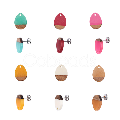 12 Pairs 6 Colors Resin & Walnut Wood Stud Earring Findings MAK-CJ0001-08-1