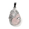 Natural Rose Quartz Teardrop Pendants, Alloy Peacock Charms, Platinum, 33x19x10mm, Hole: 3.5x9mm