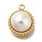 ABS Imitation Pearl Charms, with Ion Plating(IP) 304 Stainless Steel Findings, Flat Round Charm, Real 18K Gold Plated, 12x10x5.5mm, Hole: 1.4mm