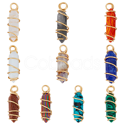 SUPERFINDINGS 10Pcs 10 Styles Mixed Gemstone Double Terminal Pointed Pendants FIND-FH0006-90-1