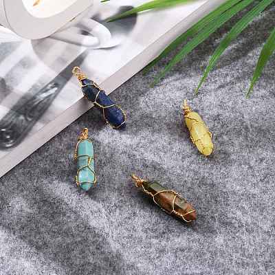 Natural Mixed Gemstone Wire Wrapped Pointed Pendants PALLOY-JF00522-1