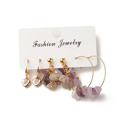 3 Pairs 3 Style Natural Amethyst Chips Beaded Cluster Dangle Stud & Leverback Earrings EJEW-JE04895-04-1