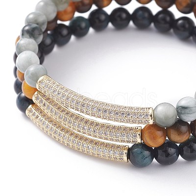 Round Natural Tiger Eye & Hawk's Eye Beads Stretch Bracelets Set BJEW-JB07151-1