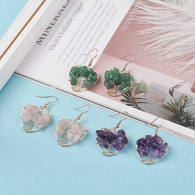 Natural Gemstone Chips Braided Heart with Tree of Life Dangle Earrings EJEW-JE04882-1