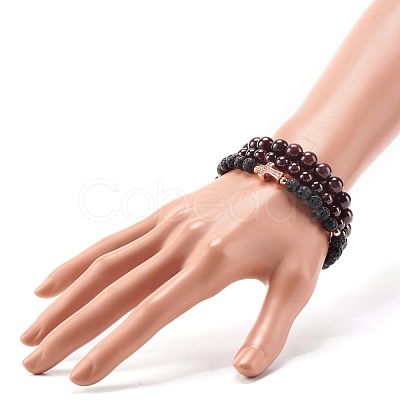 Natural Garnet & Lava Rock Round Beads Stretch Bracelets Set BJEW-JB06982-01-1