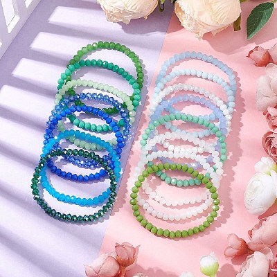 15 Colors Faceted Rondelle Glass Beaded Stretch Bracelet Sets BJEW-JB10698-1