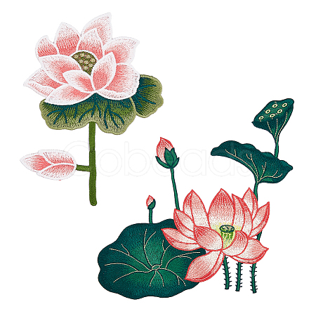  2Pcs 2 Style Lotus & Lotus Pod Pattern Polyester Fabrics Computerized Embroidery Cloth Sew on Appliques PATC-NB0001-12-1