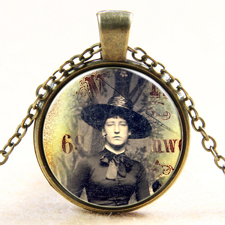 Flat Round with Halloween Woman Glass Alloy Pendant Necklaces NJEW-N0051-053C-01-1