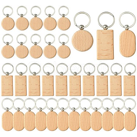 30Pcs 3 Style Rectangle/Flat Round Wooden Blank Engravable Tags Keychain KEYC-YW0001-08-1