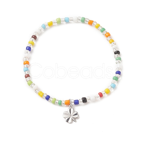 Colorful Seed Beaded Stretch Bracelet with Brass Charms for Women BJEW-JB09218-02-1