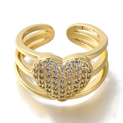 Rack Plating Heart Brass Clear Cubic Zirconia Open Cuff Rings RJEW-S411-09G-1