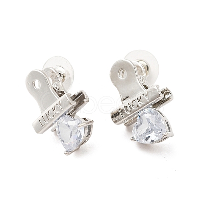 Clear Cubic Zirconia Heart Clasp Stud Earring with 925 Sterling Silver Pins EJEW-A084-02P-1