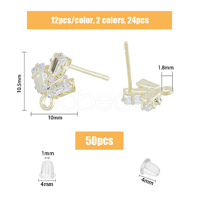 SUPERFINDINGS 24Pcs 2 Color Brass Micro Pave Clear Cubic Zirconia Stud Earring Findings KK-FH0004-79-1