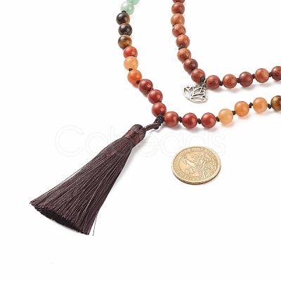 Round Wood & Mixed Gemstone Beaded Double Layer Necklace with Brass Magnetic Claslp NJEW-JN03857-1