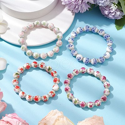 Handmade Flower Printed Porcelain Ceramic Beaded Stretch Bracelet BJEW-JB11063-1