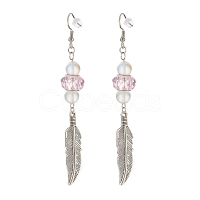 Feather with Round Beads Long Dangle Earrings for Girl Women EJEW-JE04681-03-1