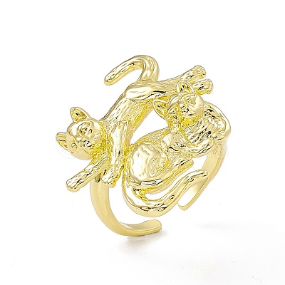 Rack Plating Brass Double Cat Open Cuff Ring for Women RJEW-I091-20G-1