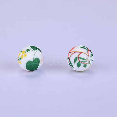 Printed Round with Leaf Pattern Silicone Focal Beads SI-JX0056A-114-1