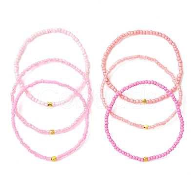 Pink Color Palette Gradient Color Glass Seed Beaded Stretch Bracelet Sets BJEW-MZ00102-01-1