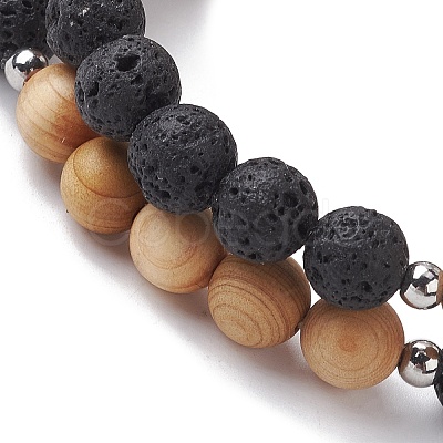 Natural Lava Rock & Wooden Round Beaded Stretch Bracelet BJEW-JB10075-02-1