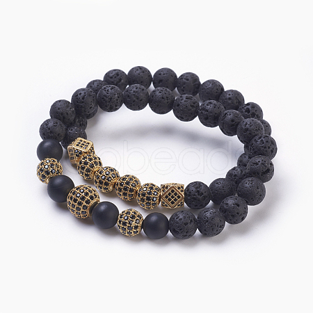 Natural Lava Rock Beads Stretch Bracelets Sets BJEW-JB03902-03-1