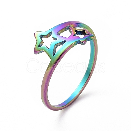 Ion Plating(IP) 201 Stainless Steel Double Star Finger Ring RJEW-J051-14MC-1