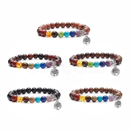 Natural Wood & Gemstone Round Beaded Stretch Bracelet with Alloy Tree Charm BJEW-JB08100-1