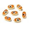 Handmade Evil Eye Lampwork Beads, with Brass Findings, Lead Free & Cadmium Free, Long-Lasting Plated, Oval, Dark Orange, 14~14.5x7.5~8.5x5.5~6mm, Hole: 0.9~1.4mm