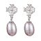 Natural Pearl Ear Studs, with Sterling Silver Micro Pave Clear Cubic Zirconia Findings, Flower & Oval, Platinum, 18x7mm