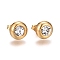 304 Stainless Steel Stud Earrings, with Cubic Zirconia and Ear Nuts, Flat Round, Clear, Golden, 9mm, Pin: 0.7mm, 6pairs/card