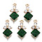 Brass Micro Pave Cubic Zirconia Links, with Glass, Long-Lasting Plated, Light Gold, Rhombus, Sea Green, 17x8x4mm, Hole: 1.4mm