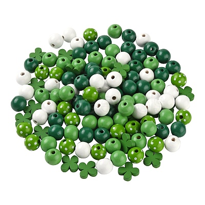 160Pcs 5 Style Irish Theme Painted Natural Wood Beads WOOD-LS0001-48-1