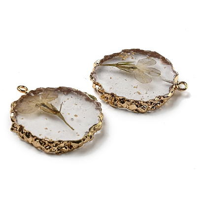 Gold Foil Inner Dried Flower Resin Pendants RESI-P028-01KCG-02-1