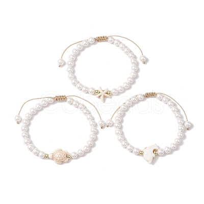 3Pcs 3 Styles Summer Shell Pearl Braided Bead Bracelets BJEW-JB10323-1