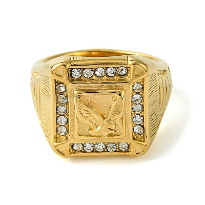 Square with Bird 304 Stainless Steel Rhinestone Signet Rings RJEW-Q815-04G-M-1