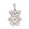 Brass Cubic Zirconia Pendants, Platinum, Bear Charm, Clear, 24x19x5mm, Hole: 4x6.5mm